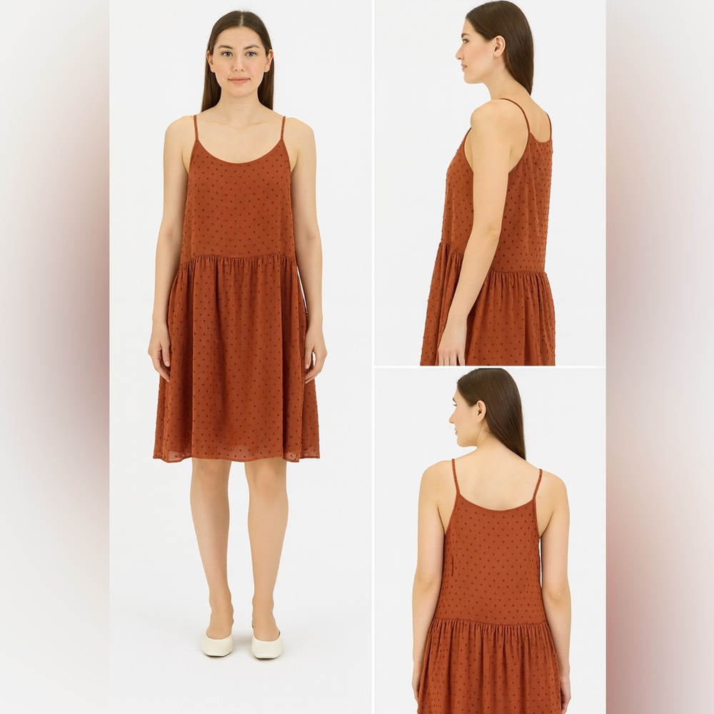 LOFT Swiss Dot Cami Swing Dress Terracotta Rust Knee Length Sz M NWT